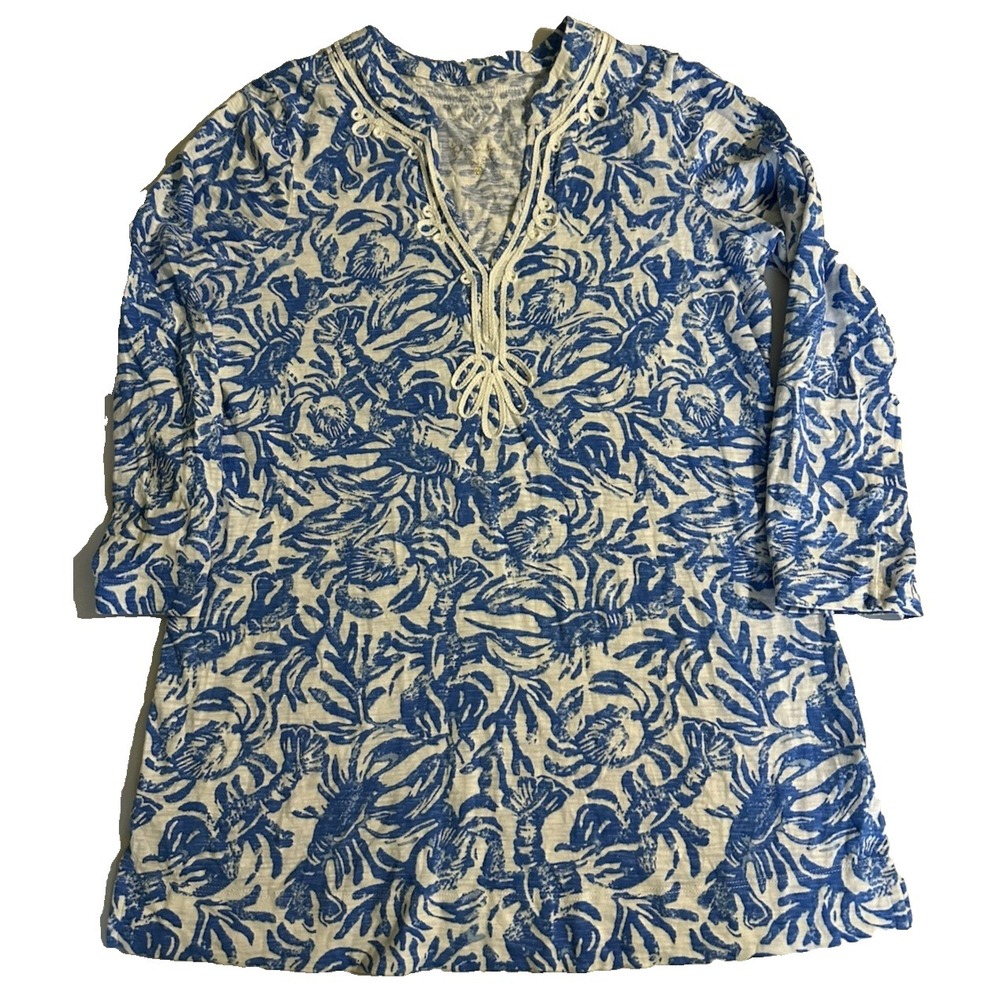 Lilly Pulitzer Lobster Print Long Sleeve‎ Tunic Top Blue White Medium Coastal